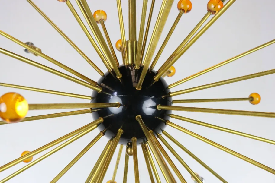 Clearance Pamono Italian Minimalist Sputnik Chandelier in Black, Gold & Murano Glass in the Style of Stilnovo, 1950s