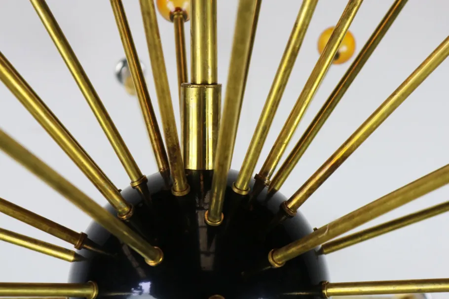 Clearance Pamono Italian Minimalist Sputnik Chandelier in Black, Gold & Murano Glass in the Style of Stilnovo, 1950s
