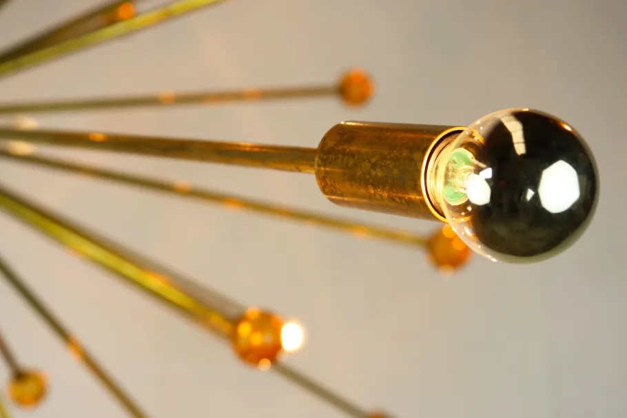 Clearance Pamono Italian Minimalist Sputnik Chandelier in Black, Gold & Murano Glass in the Style of Stilnovo, 1950s