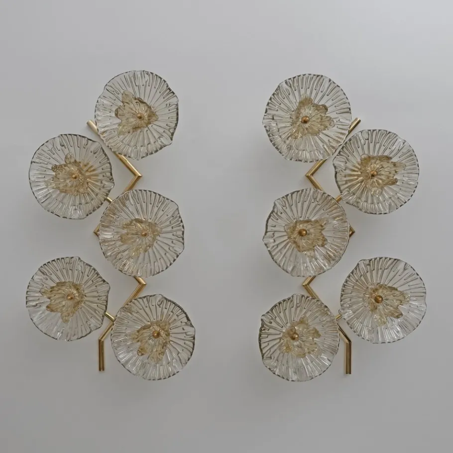 Clearance Pamono Italian Modern Murano Glass and Brass Flower Wall Lamps, 1990, Set of 2