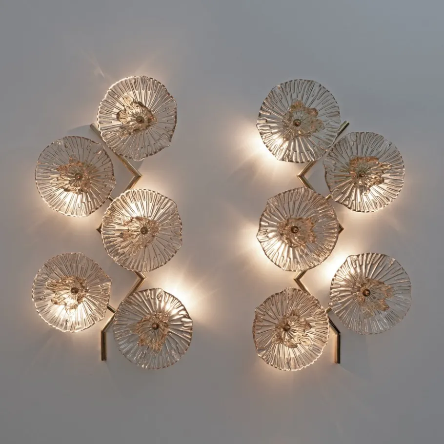 Clearance Pamono Italian Modern Murano Glass and Brass Flower Wall Lamps, 1990, Set of 2
