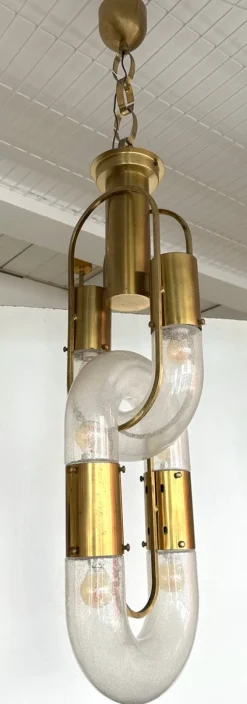 New Pamono Italian Murano Glass and Brass Chain Chandelier attributed to Aldo Nason for Mazzega, 1970s