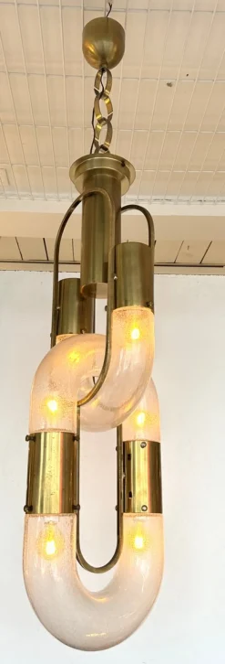 New Pamono Italian Murano Glass and Brass Chain Chandelier attributed to Aldo Nason for Mazzega, 1970s