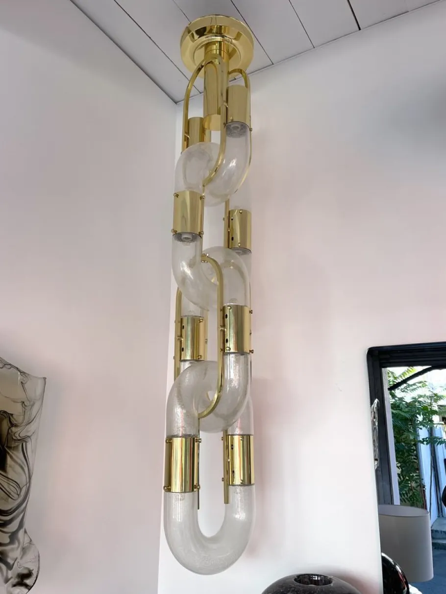 Discount Pamono Italian Murano Glass and Brass Chain Chandelier by Aldo Nason for Mazzega, 1970s