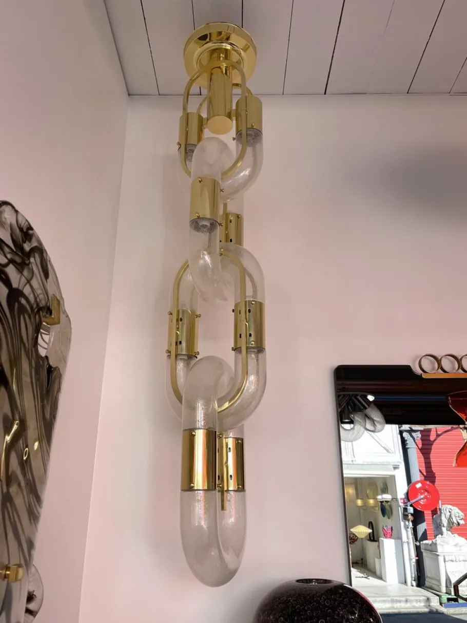 Discount Pamono Italian Murano Glass and Brass Chain Chandelier by Aldo Nason for Mazzega, 1970s
