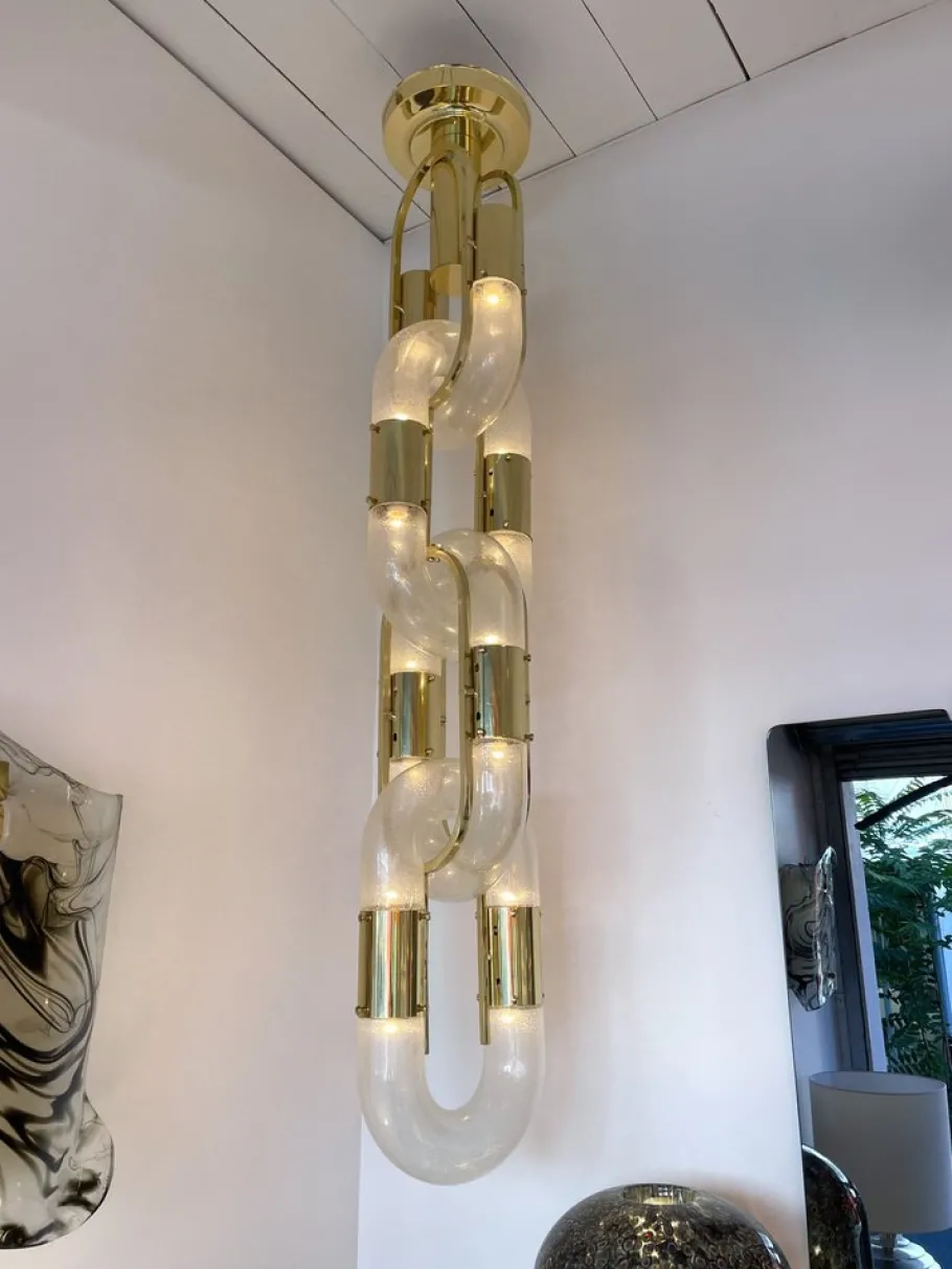 Discount Pamono Italian Murano Glass and Brass Chain Chandelier by Aldo Nason for Mazzega, 1970s