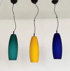 New Pamono Italian Pendant Lamp Set in Murano Frosted Glass by De Majo Murano, 1970s, Set of 3