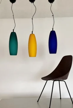 New Pamono Italian Pendant Lamp Set in Murano Frosted Glass by De Majo Murano, 1970s, Set of 3