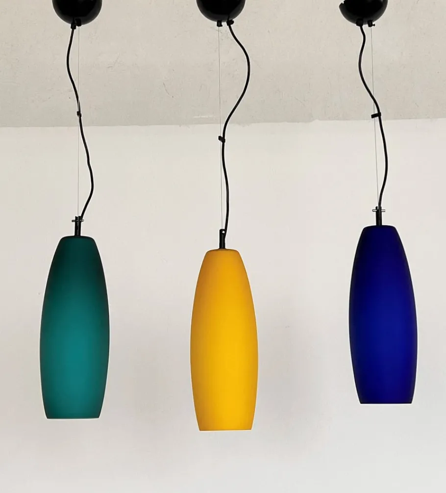 New Pamono Italian Pendant Lamp Set in Murano Frosted Glass by De Majo Murano, 1970s, Set of 3