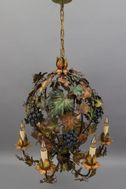 Sale Pamono Italian Polychrome Metal Grapes, Vines and Autumn Color Leaves Chandelier, 1950s