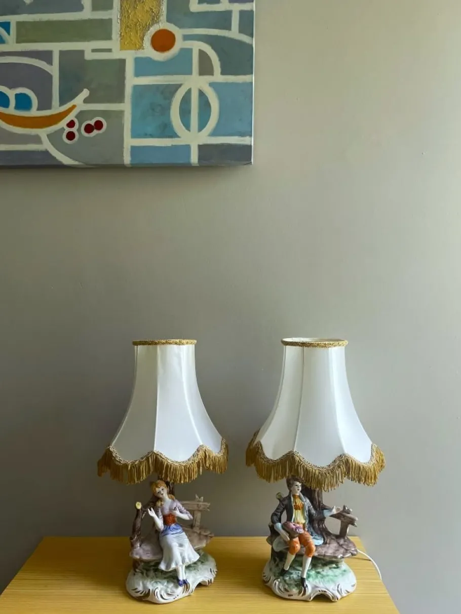 Online Pamono Italian Porcelain Dresden Style Romantic Figural Table Lamps by Capodimonte, 1930s, Set of 2