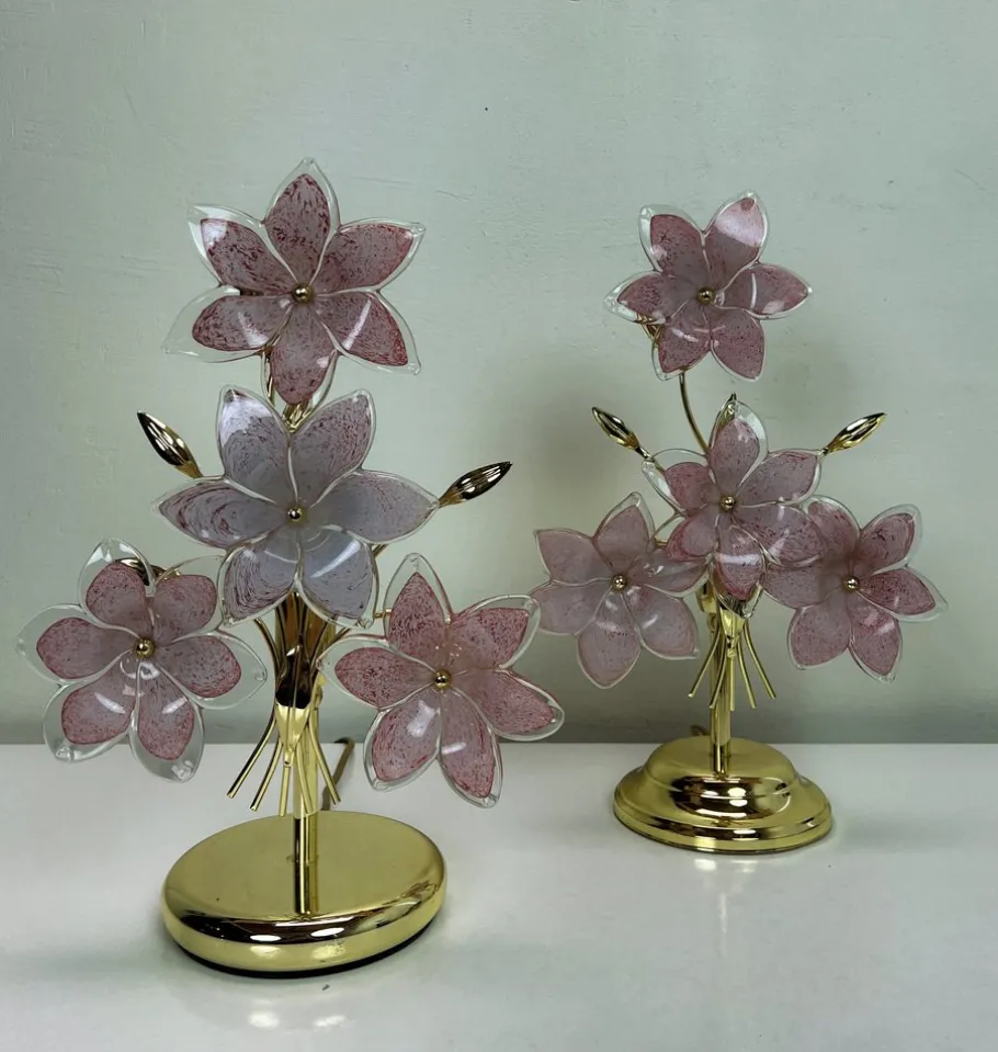 Online Pamono Italian Regency Pink Flower Murano Glass Table Lamps, 1980s, Set of 2