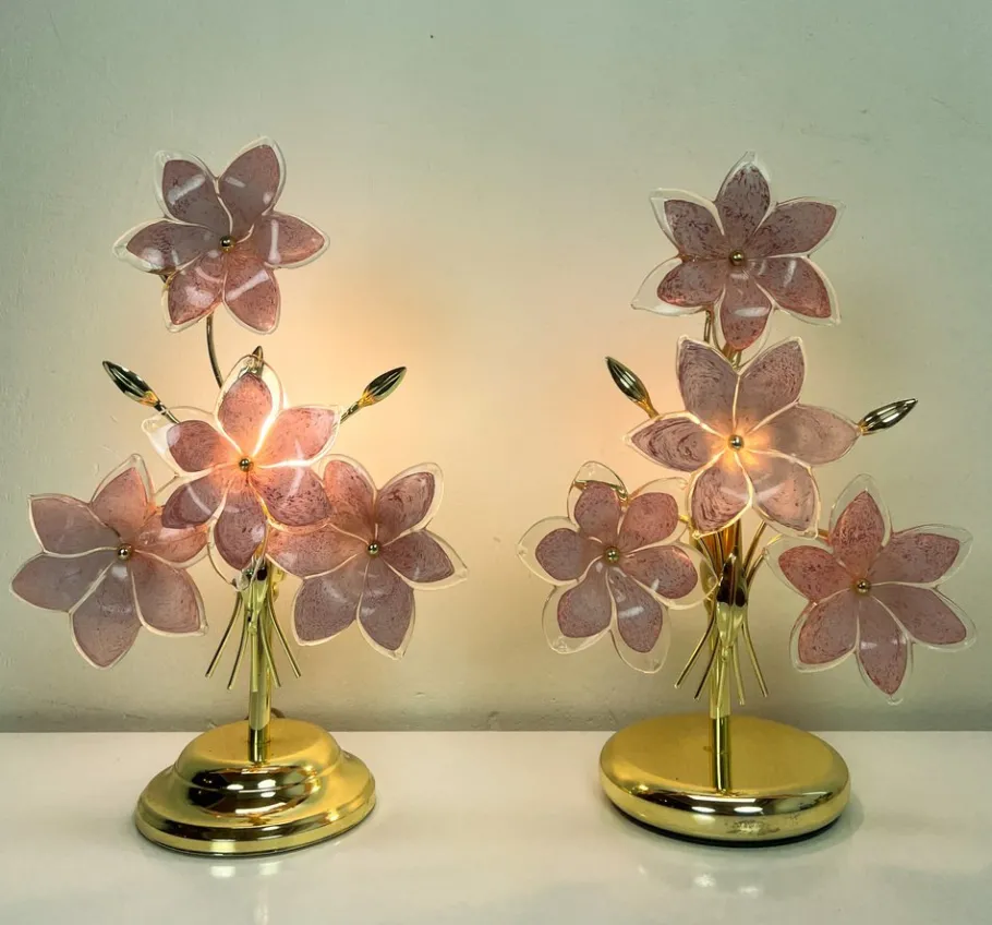Online Pamono Italian Regency Pink Flower Murano Glass Table Lamps, 1980s, Set of 2
