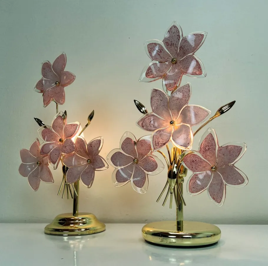 Online Pamono Italian Regency Pink Flower Murano Glass Table Lamps, 1980s, Set of 2