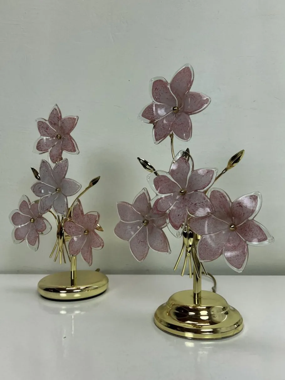 Online Pamono Italian Regency Pink Flower Murano Glass Table Lamps, 1980s, Set of 2