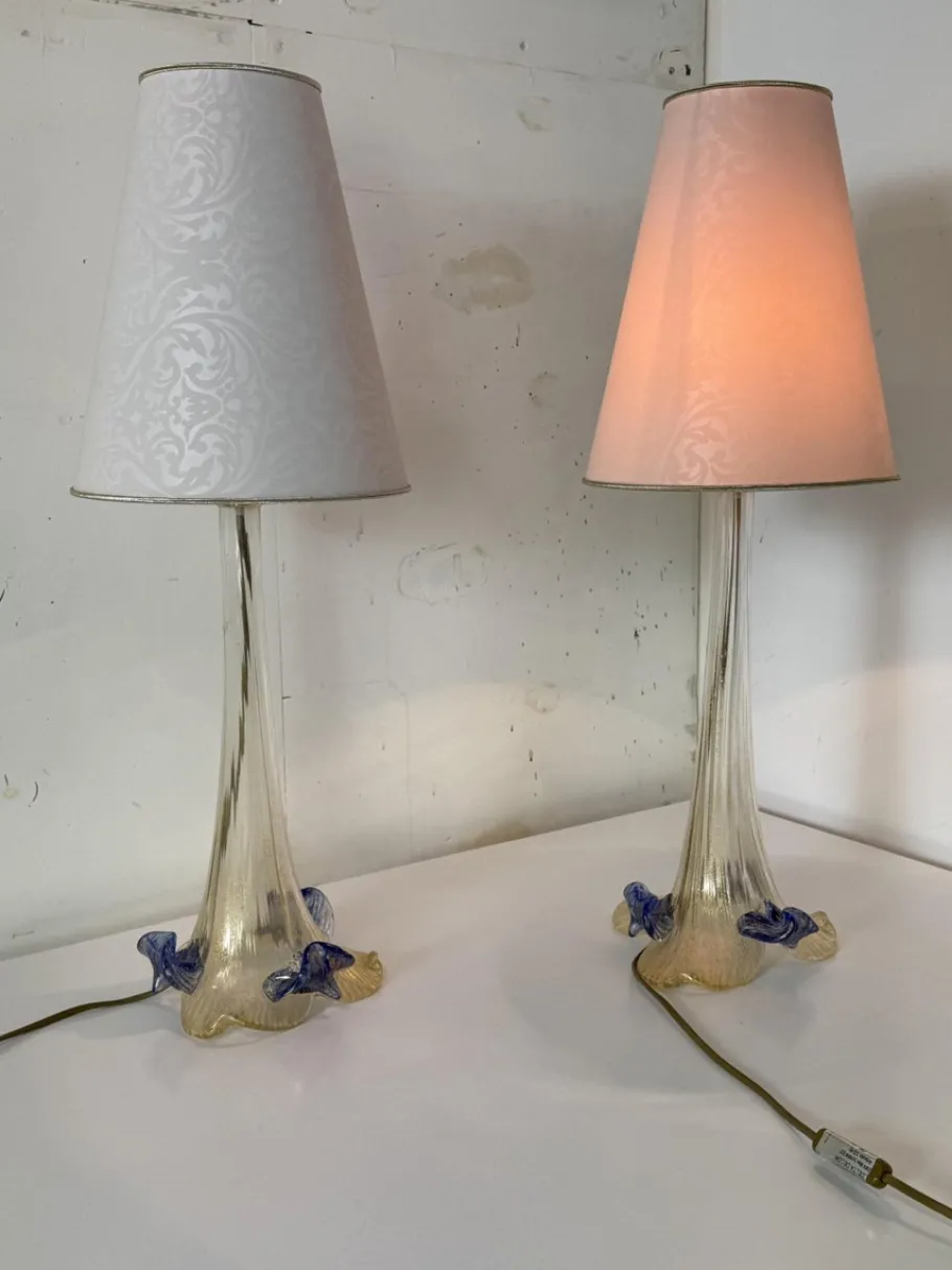 New Pamono Italian Romantic Murano Glass Table Lamps, 1980s, Set of 2
