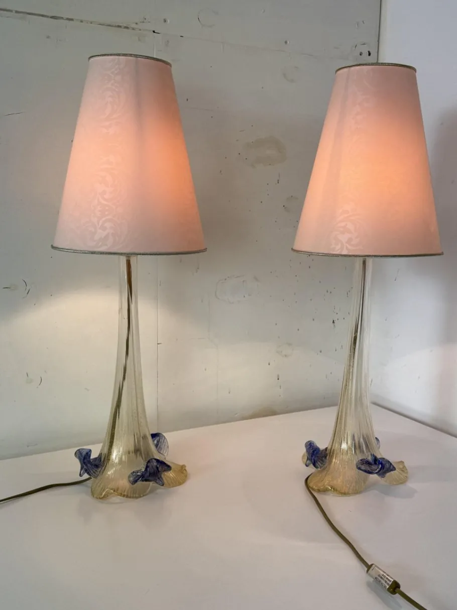 New Pamono Italian Romantic Murano Glass Table Lamps, 1980s, Set of 2