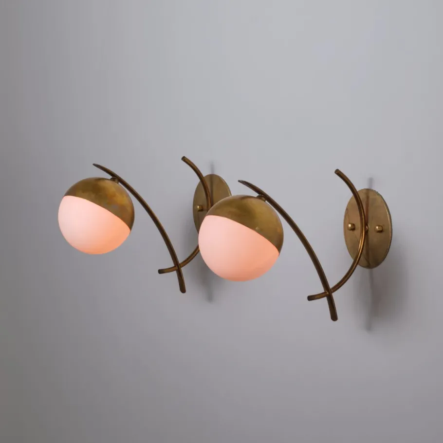 Best Pamono Italian Sconces in Brass with Opaline Glass Globes, 1950s, Set of 2
