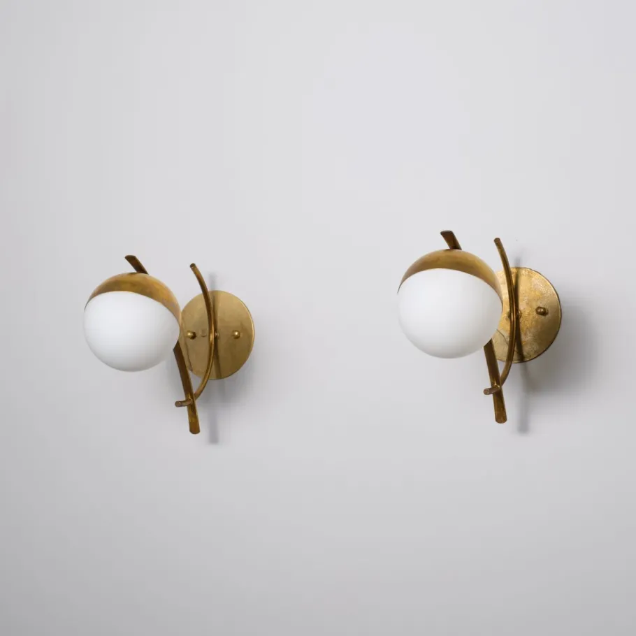 Best Pamono Italian Sconces in Brass with Opaline Glass Globes, 1950s, Set of 2