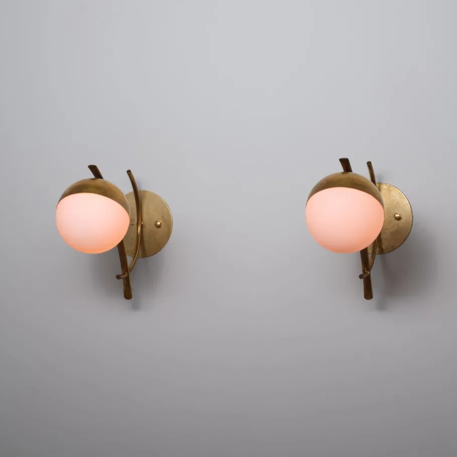 Best Pamono Italian Sconces in Brass with Opaline Glass Globes, 1950s, Set of 2