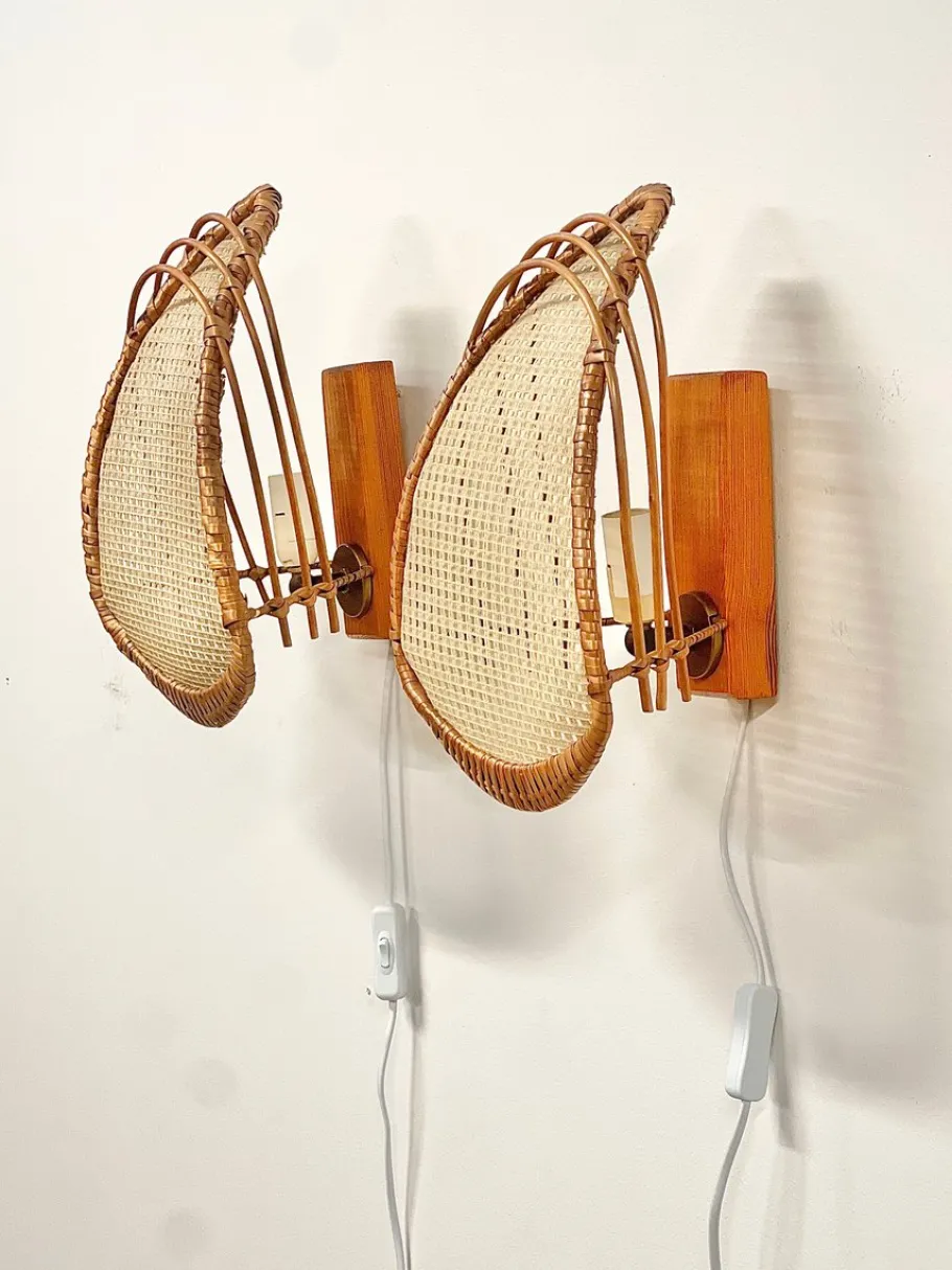Online Pamono Italian Sculptural Wall Lamps in Rattan, 1960s-1970s, Set of 2