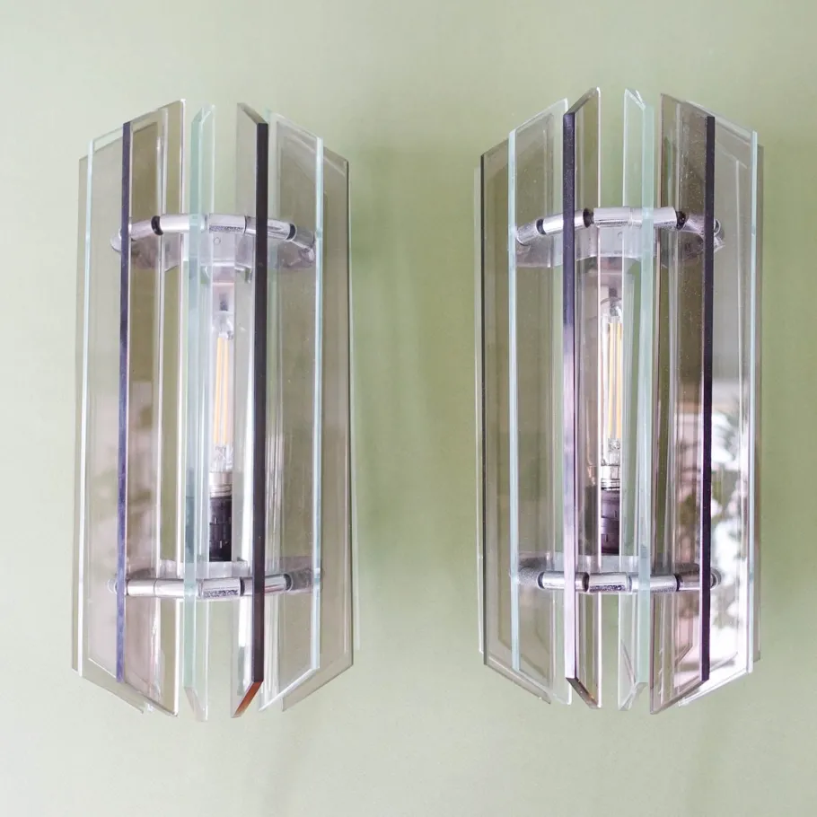 Best Pamono Italian Smoked & Clear Glass Sconces in Style of Veca, 1970s, Set of 2