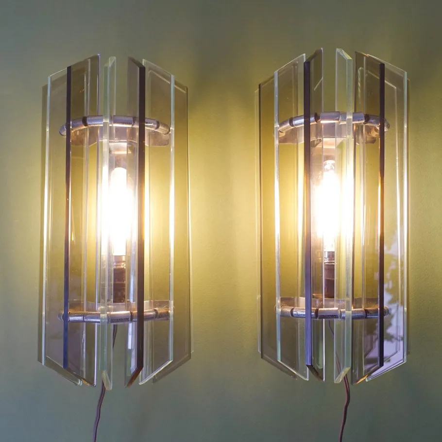 Best Pamono Italian Smoked & Clear Glass Sconces in Style of Veca, 1970s, Set of 2
