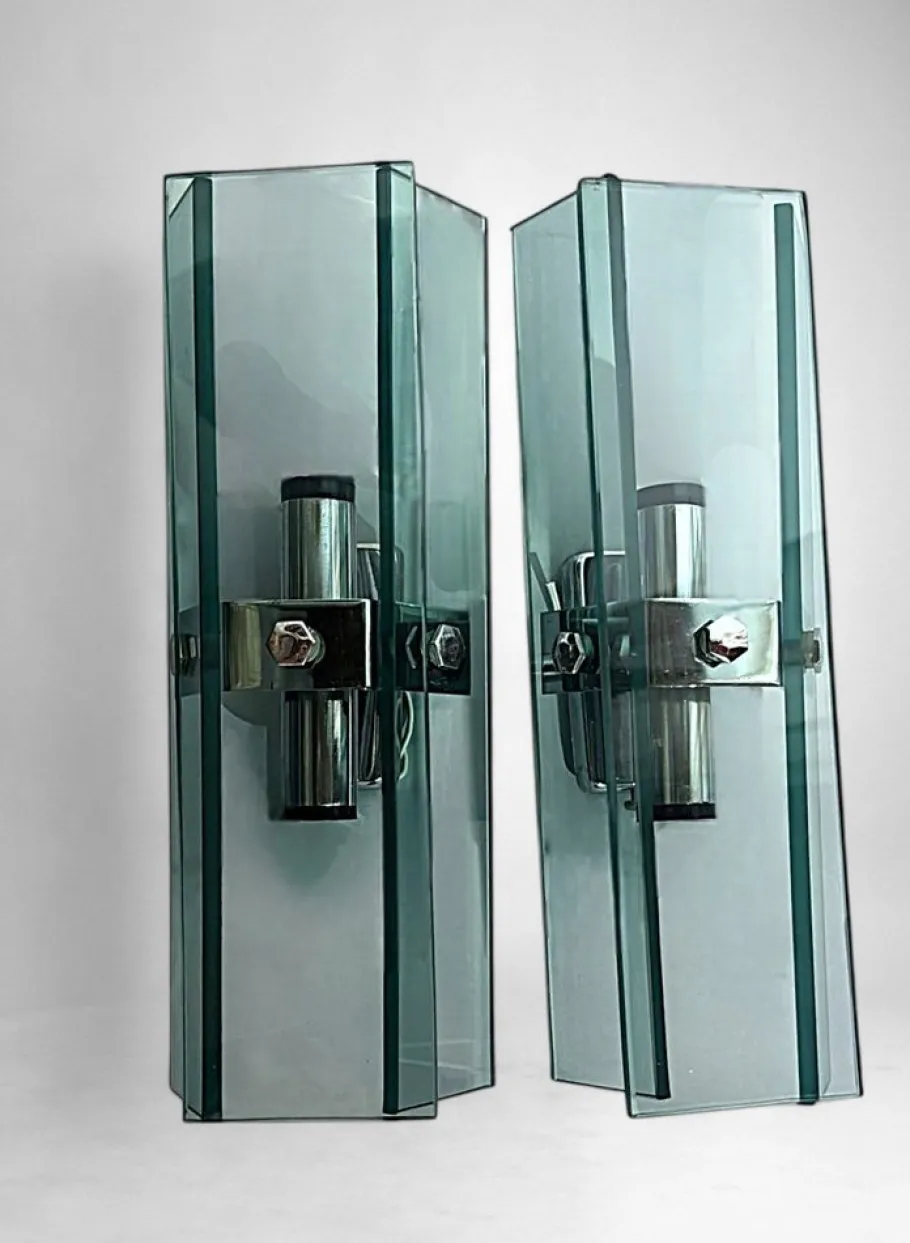 Best Pamono Italian Space Age Wall Sconces in Chrome Metal and Tempered Crystal, 1970s, Set of 2