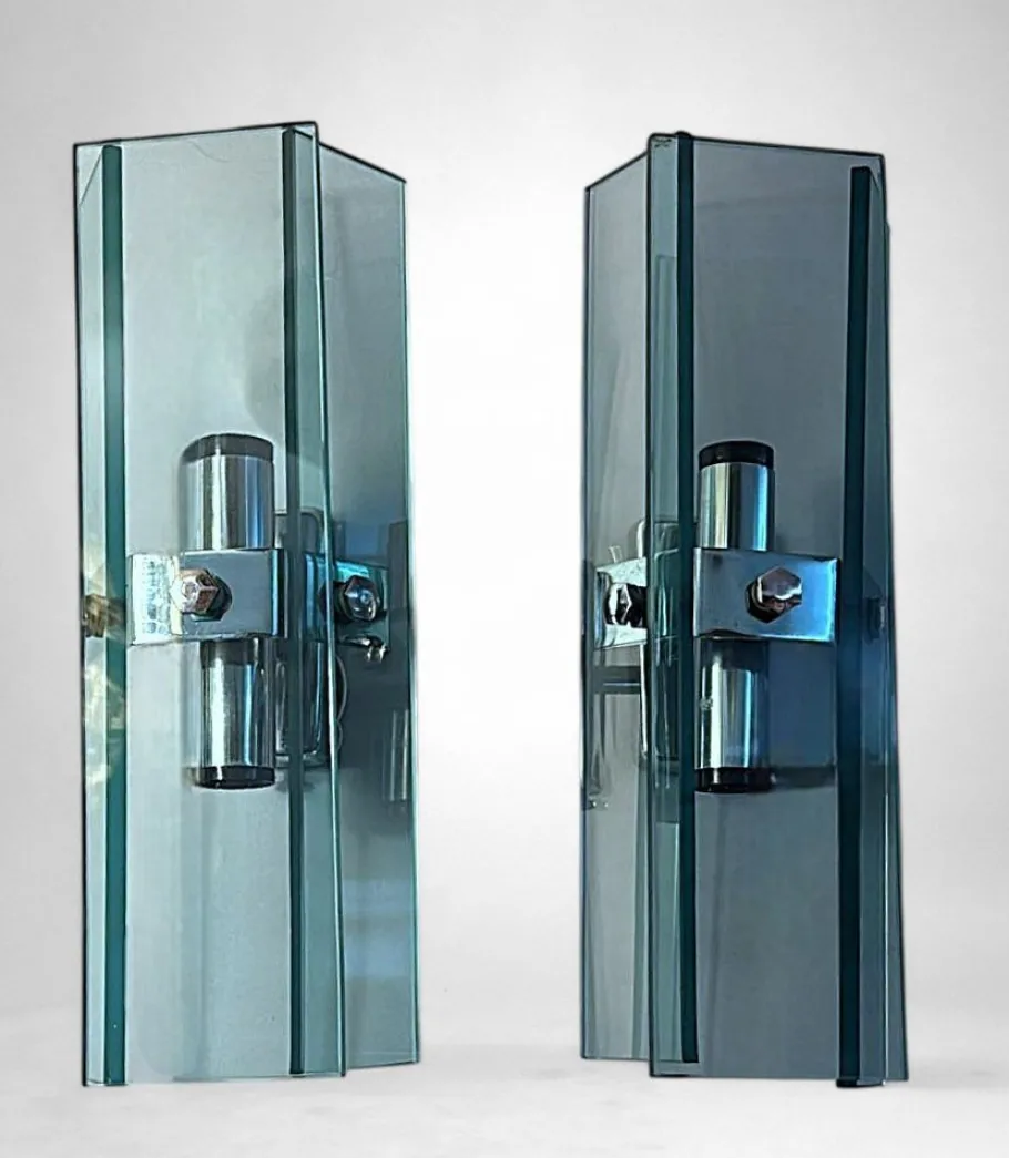 Best Pamono Italian Space Age Wall Sconces in Chrome Metal and Tempered Crystal, 1970s, Set of 2