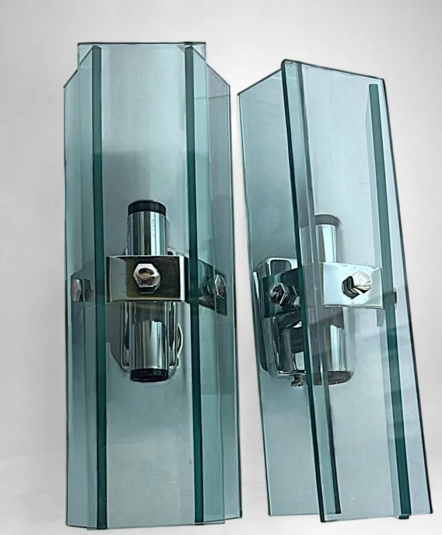 Best Pamono Italian Space Age Wall Sconces in Chrome Metal and Tempered Crystal, 1970s, Set of 2