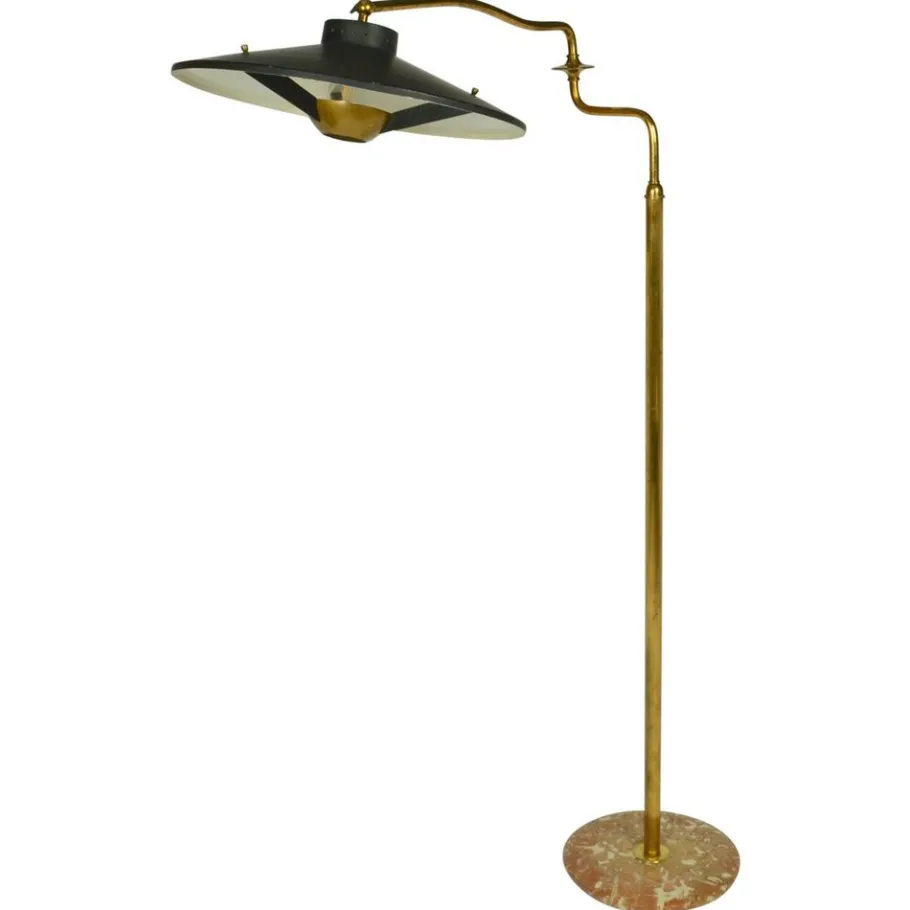Clearance Pamono Italian Swing Arm Floor Lamp in Brass with Original Black Shade, 1950s