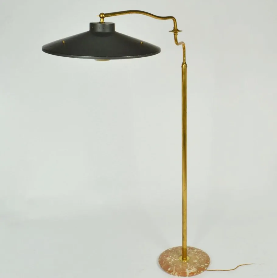 Clearance Pamono Italian Swing Arm Floor Lamp in Brass with Original Black Shade, 1950s