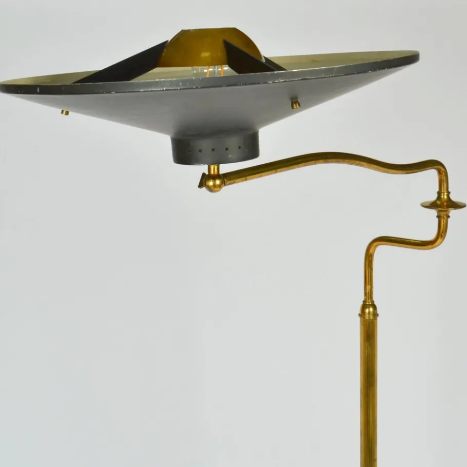 Clearance Pamono Italian Swing Arm Floor Lamp in Brass with Original Black Shade, 1950s