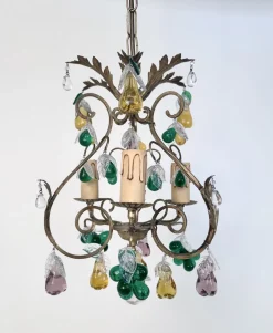 Sale Pamono Italian Three-Light Chandelier in Brass Leaf and Murano Glass, 1950s