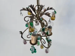 Sale Pamono Italian Three-Light Chandelier in Brass Leaf and Murano Glass, 1950s