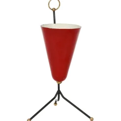 Discount Pamono Italian Tripod Conical Red Lacquered Metal and Brass Table Lamp, 1950s