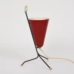 Discount Pamono Italian Tripod Conical Red Lacquered Metal and Brass Table Lamp, 1950s