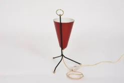 Discount Pamono Italian Tripod Conical Red Lacquered Metal and Brass Table Lamp, 1950s