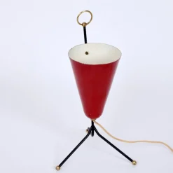 Discount Pamono Italian Tripod Conical Red Lacquered Metal and Brass Table Lamp, 1950s