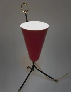 Discount Pamono Italian Tripod Conical Red Lacquered Metal and Brass Table Lamp, 1950s