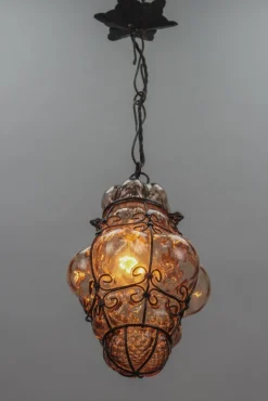Sale Pamono Italian Venetian Amber Smoke Coloured Clear Murano Glass Caged Hanging Lantern, 1950s