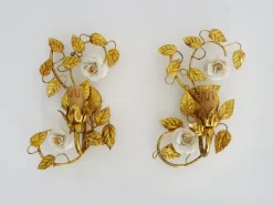 Clearance Pamono Italian Wall Lights with Gold Leaf and Rose Ceramic Foliage, 1970s, Set of 2