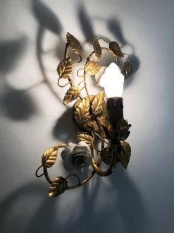 Clearance Pamono Italian Wall Lights with Gold Leaf and Rose Ceramic Foliage, 1970s, Set of 2