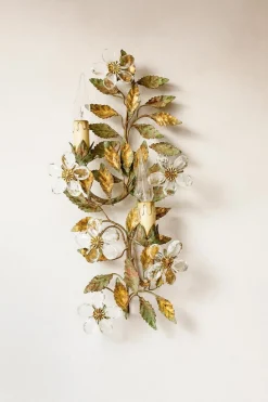 Sale Pamono Italian Wall Sconce with Metal Leaves and Crystal Flowers, 1980s