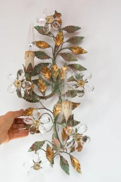 Sale Pamono Italian Wall Sconce with Metal Leaves and Crystal Flowers, 1980s