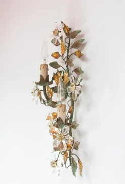 Sale Pamono Italian Wall Sconce with Metal Leaves and Crystal Flowers, 1980s