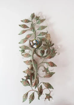 Sale Pamono Italian Wall Sconce with Metal Leaves and Crystal Flowers, 1980s