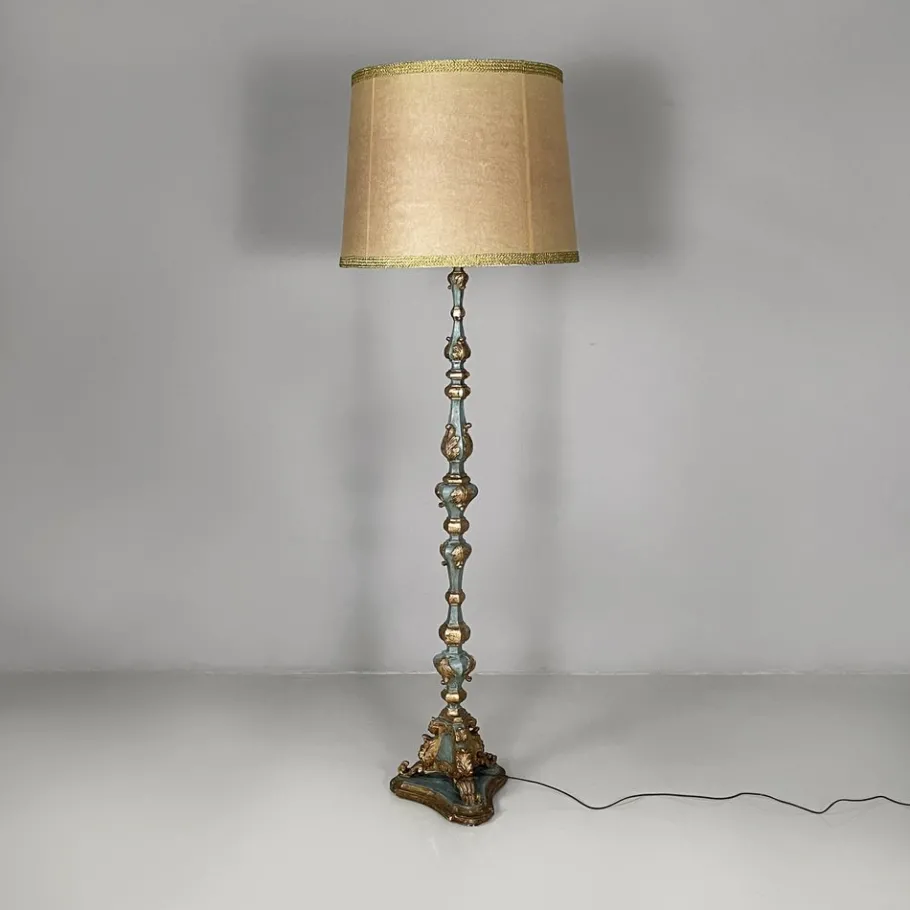 Sale Pamono Italian Wood Floor Lamp with Gold Leaf and Light Blue Lacquer, 1940s