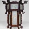 New Pamono Large Antique Asian Carved Wood Lantern with Dragons & Painted Glass Panels, 1900s