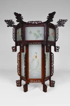 New Pamono Large Antique Asian Carved Wood Lantern with Dragons & Painted Glass Panels, 1900s